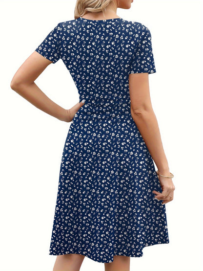 Blumen Print Rundhalsausschnitt Damen Kleid