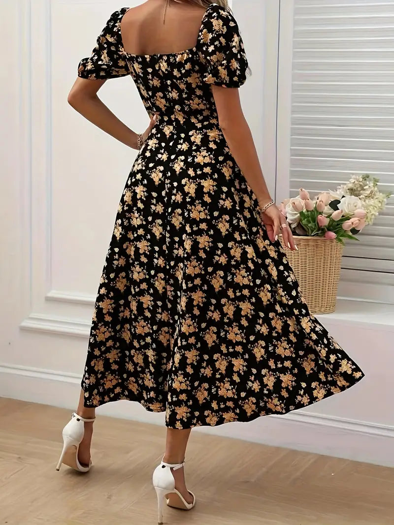 – a-linien-kleid mit blumendruck und puffärmeln für frühling und sommer