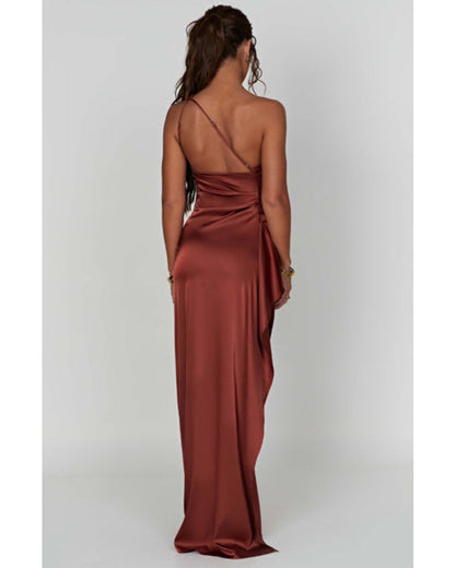 Versatile Summer Slim-fit Slant Shoulder Split Satin Dress