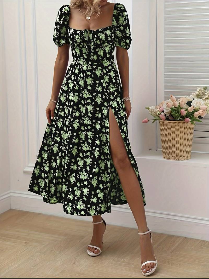 – florales a-linien-kleid mit geteiltem saum für den frühling