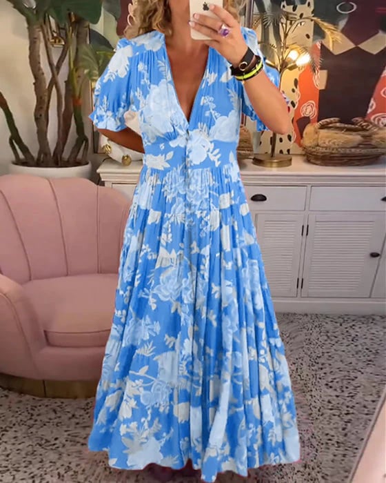 V-Ausschnitt Kleid mit Blumenmuster