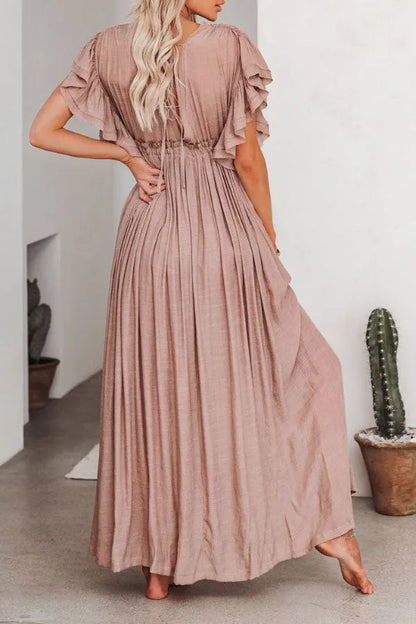 Feeenhaftes Luftiges V-Ausschnitt Kleid mit Rüschärmeln