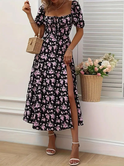 – a-linien-kleid mit blumendruck und puffärmeln für frühling und sommer