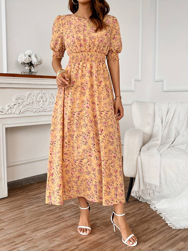 – kleid mit blumendruck und rundhalsausschnitt für frühling und sommer