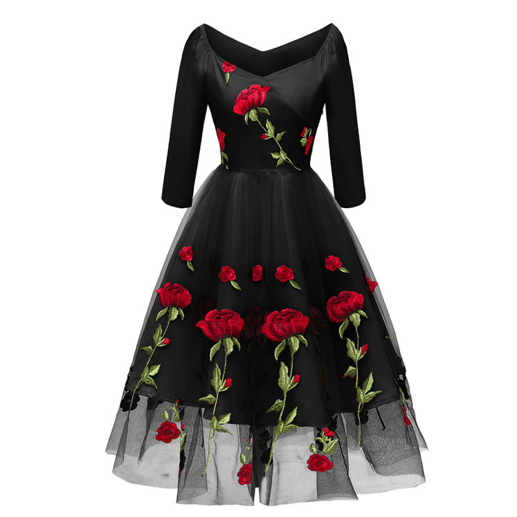 Modische Abend Party Bestickte Rose Spitze Mesh Kleid