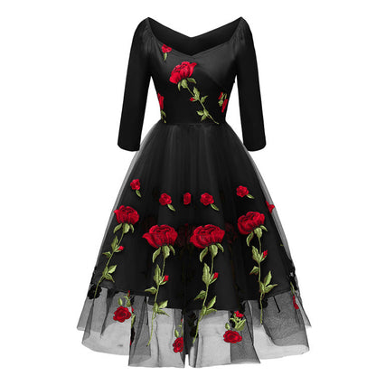 Modische Abend Party Bestickte Rose Spitze Mesh Kleid