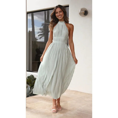 Plissiertes Maxikleid mit Neckholder und Rückenbindung