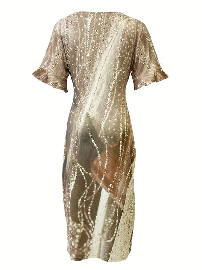 – elegantes, kurzärmliges kleid mit blumendruck