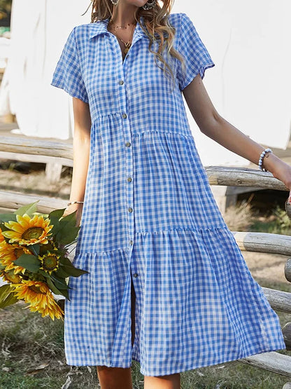Damen Kariertes Hemdkragen Freizeitkleid
