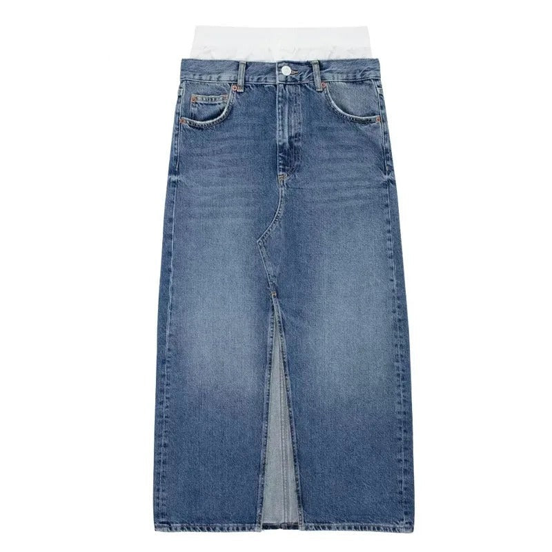 Merche Sommerrock lange Länge mit einem Schlitz auf der Vorderseite und in blau gefärbt