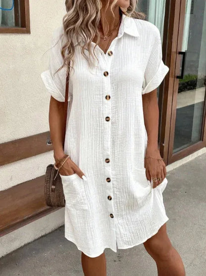 Damen Baumwolle Leinen Hemd Kleid Revers Kurzarm einreihig Kleid