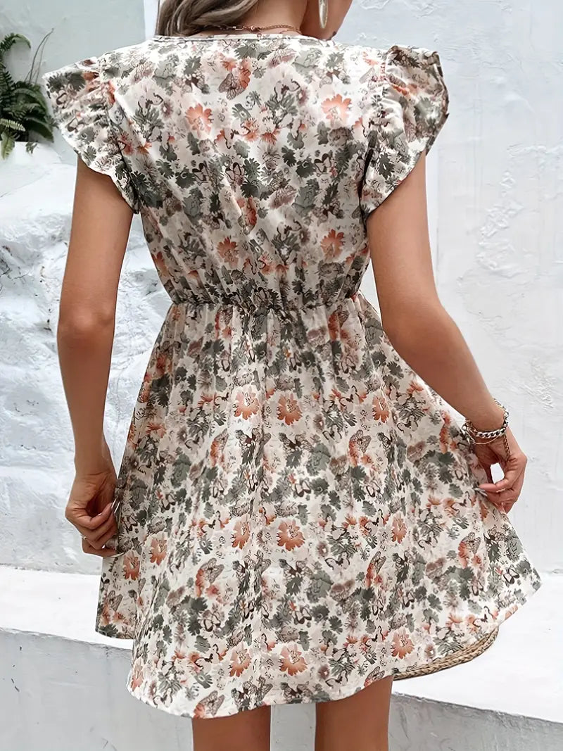 V-Ausschnitt Kleid mit Blumenmuster und Rüsche Ärmel | Holly