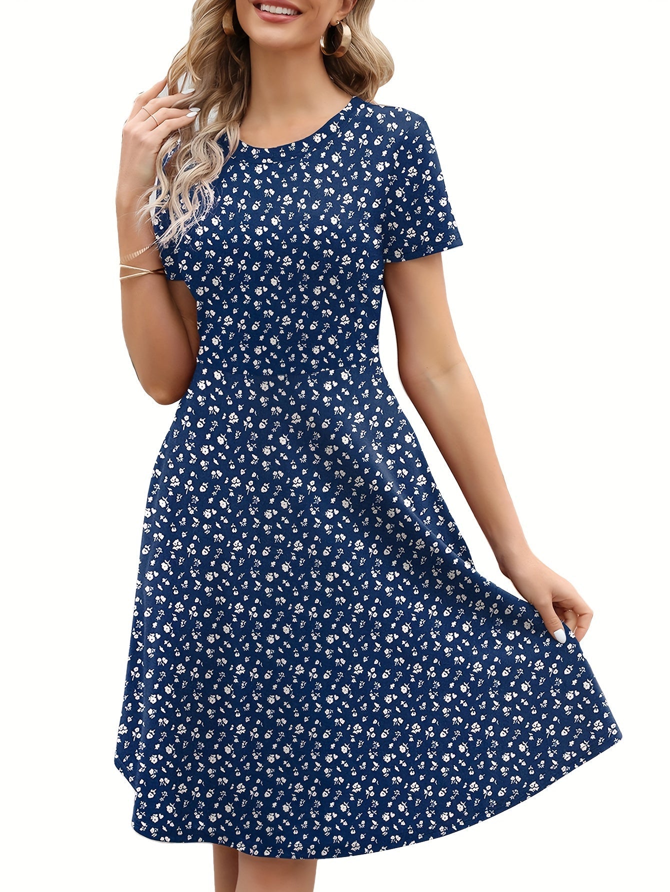 Blumen Print Rundhalsausschnitt Damen Kleid