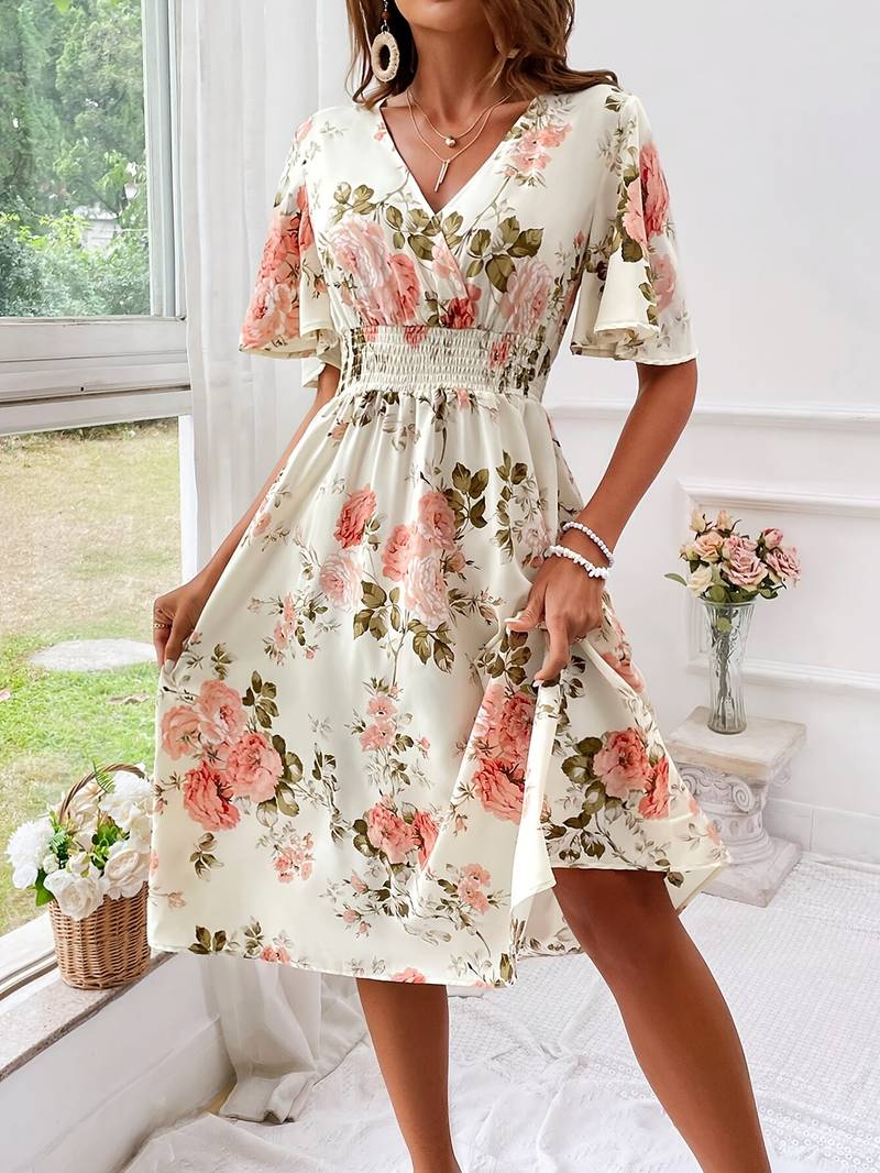 – elegantes a-linien-kleid mit blumendruck, v-ausschnitt und rüschenärmeln