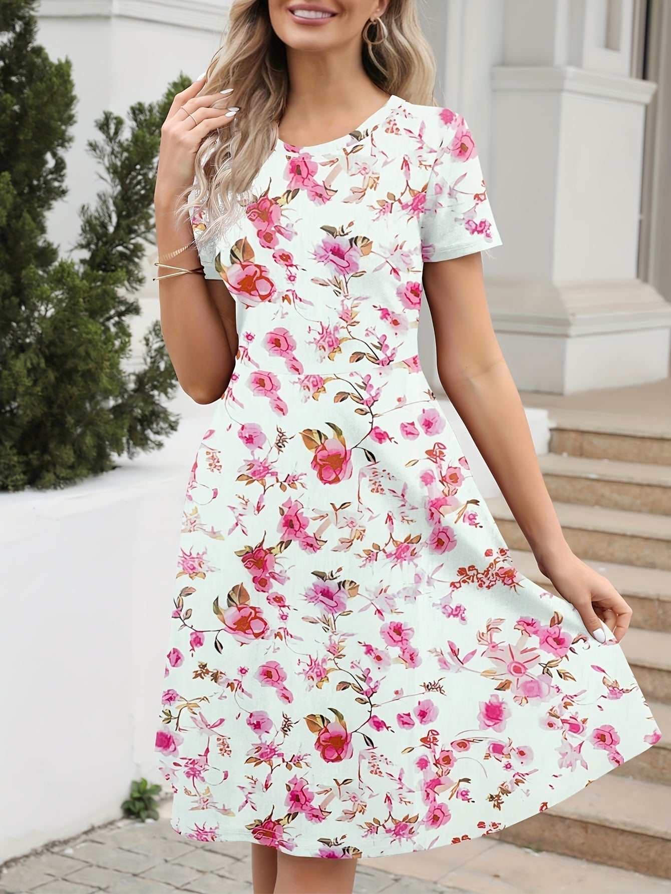Blumen Print Rundhalsausschnitt Damen Kleid