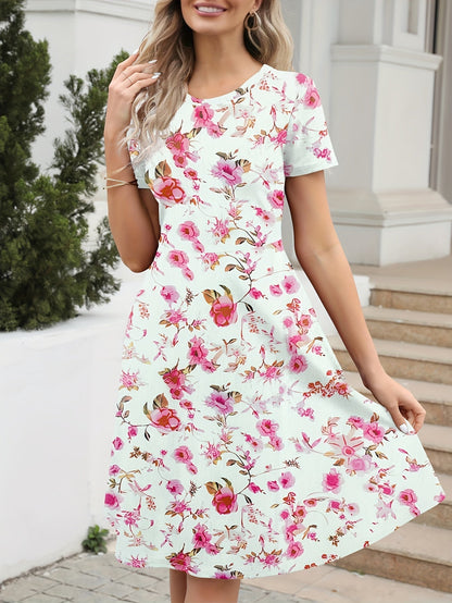 Blumen Print Rundhalsausschnitt Damen Kleid