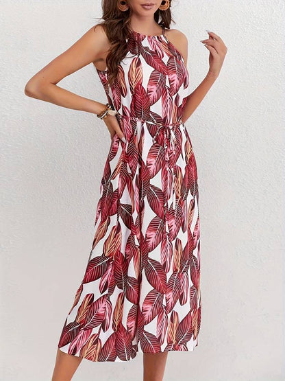 – neckholder-strandkleid mit blattmuster