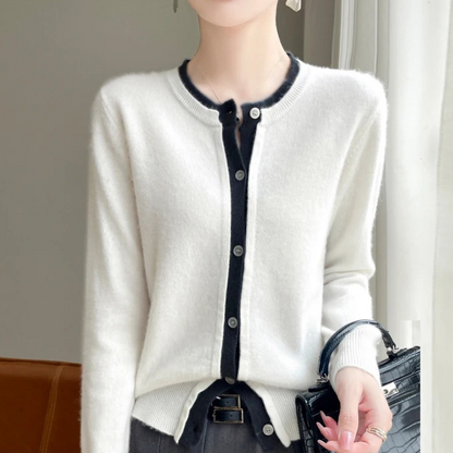 WW | Zweifarbige Wollstrickjacke Damen Mit Rundhalsausschnitt Und Knopfleiste