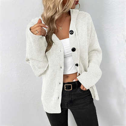 WW | Wollstrickjacke Damen Mit Kapuze Und Knopfleiste, Lässiger Stil
