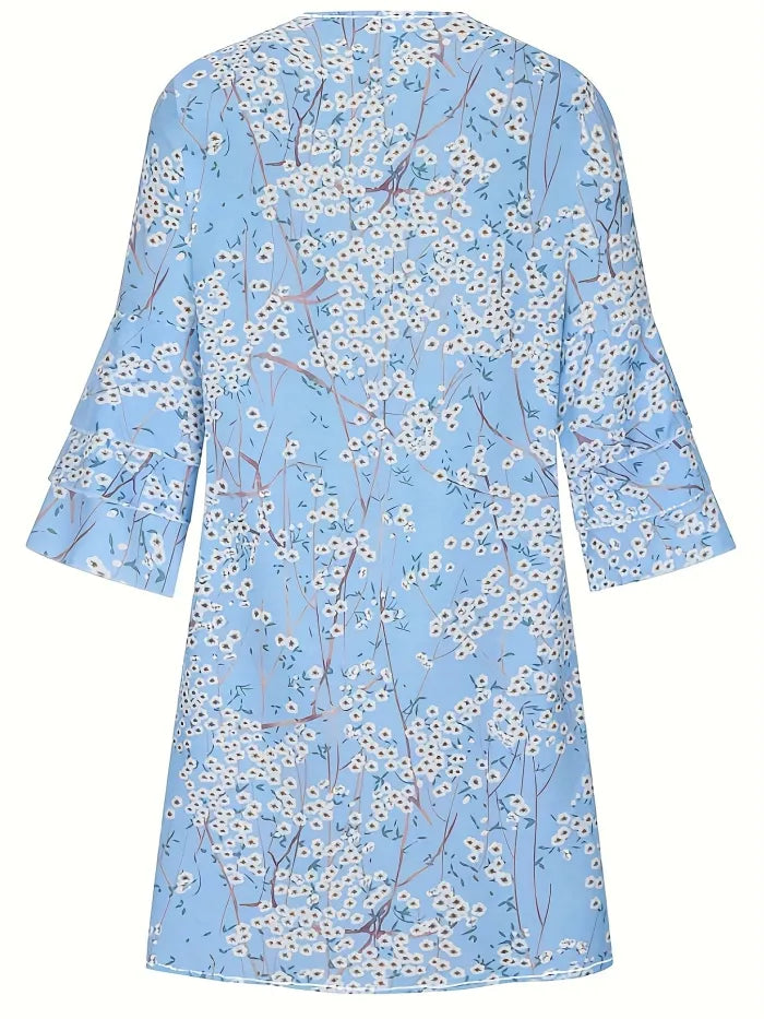 Kleid mit Rüschensaum und Blumenmuster, Lässiges Kleid mit V-Ausschnitt und halben Ärmeln, Damenbekleidung