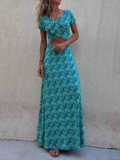 Kurzarm Elastizität Blumenmuster Hohldesign Wendbar U-Ausschnitt Maxikleid