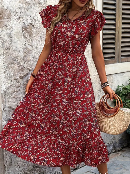 – florales kleid mit v-ausschnitt und eleganten rüschenärmeln