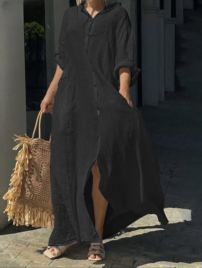 Damen-Maxikleid, lässig, einfarbig, einreihig, mit Tasche, langärmlig, lockeres Maxikleid