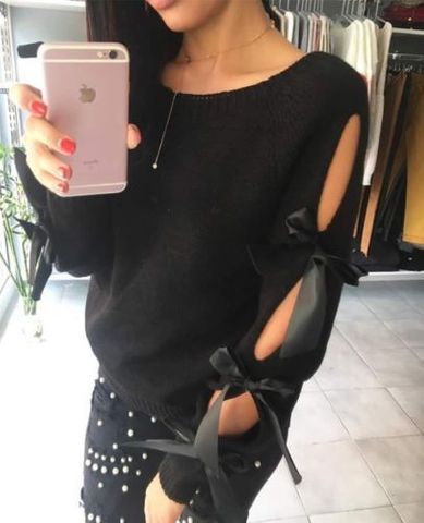 Damen Strickpullover mit offener Schulter und raffinierten Schleifendetails Merchesia