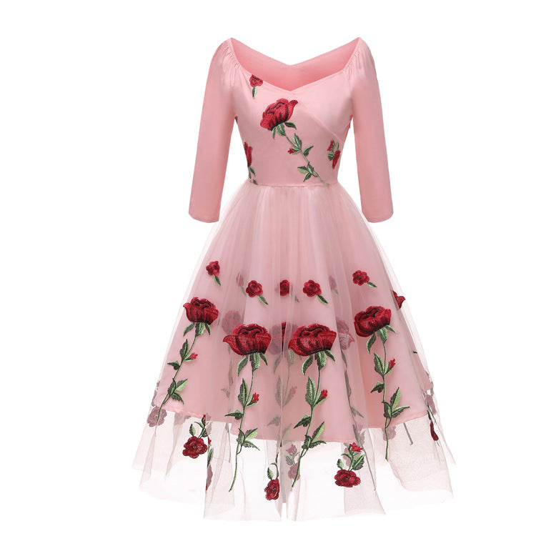 Modische Abend Party Bestickte Rose Spitze Mesh Kleid