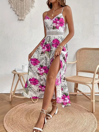Damen Blumiges ärmelloses Split Maxikleid
