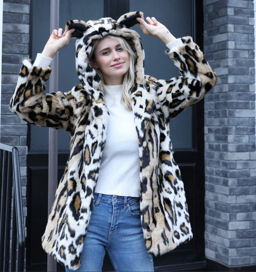 Damen Kuscheliger Pelzmantel mit Kapuze und Katzenohren Merchesia