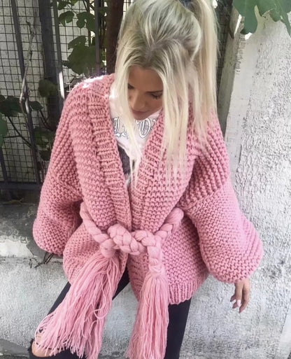 Damen Grobstrickjacke mit geflochtenem Gürtel und voluminösen Ärmeln Merchesia