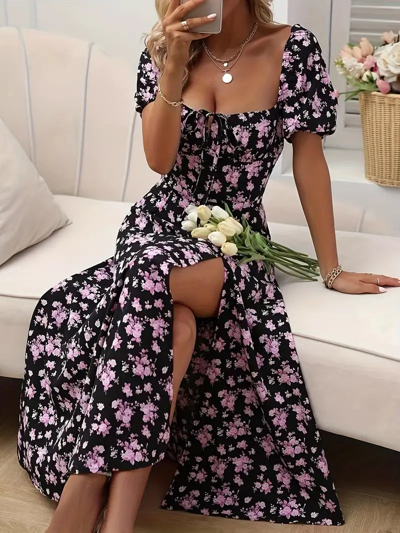 – a-linien-kleid mit blumendruck und puffärmeln für frühling und sommer