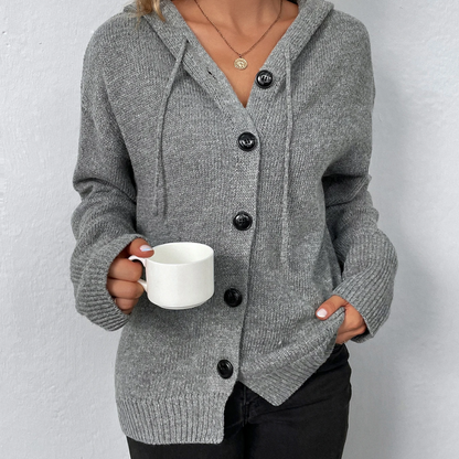 WW | Wollstrickjacke Damen Mit Kapuze Und Knopfleiste, Lässiger Stil