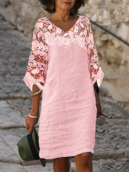 Einreihiges Kleid mit Kragen aus Baumwolle und Leinen mit kurzen Ärmeln für Damen
