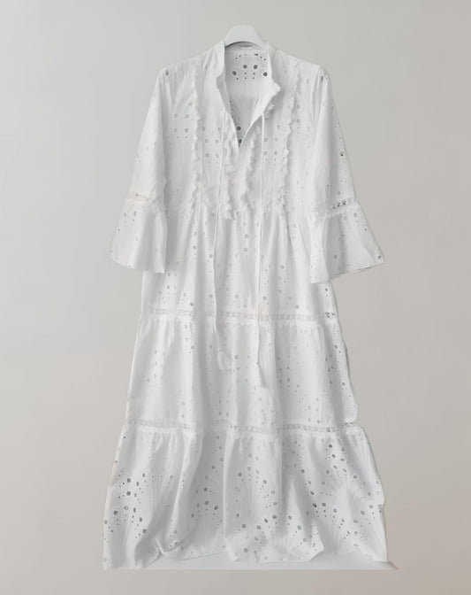 WW | Weißes Halblanges Kleid Mit Hohlem Stickmuster Kleid