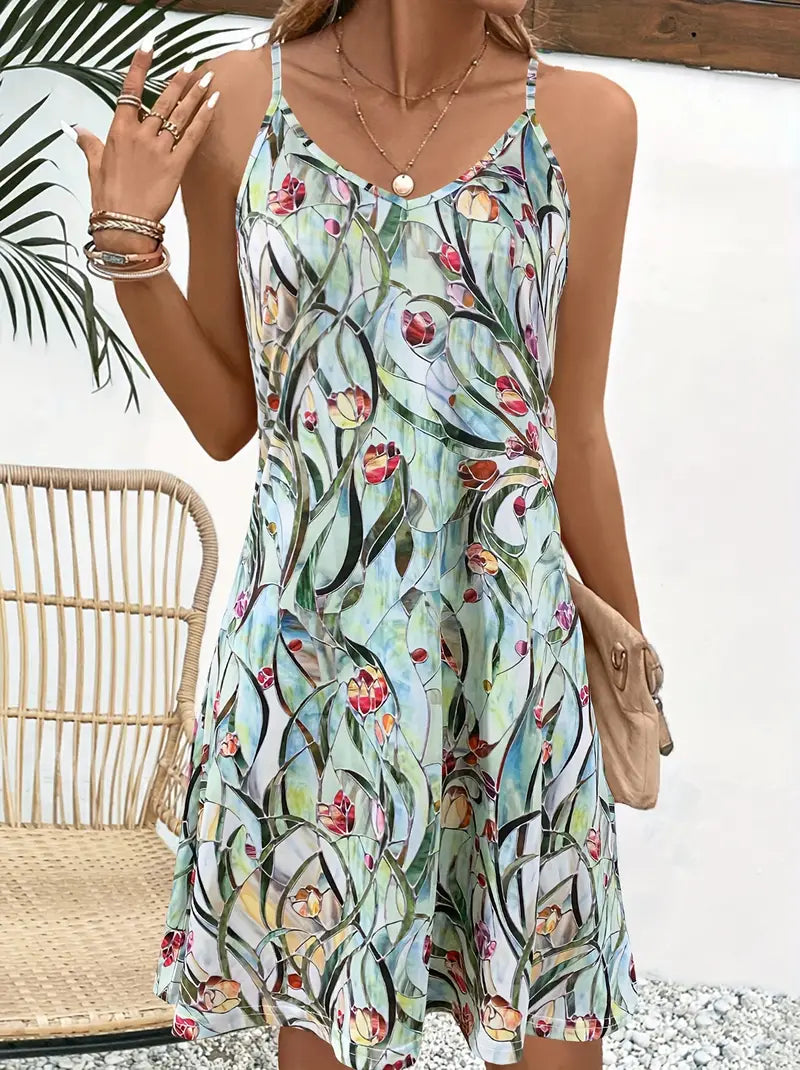 hals kleid mit sommerlichem blumenmuster und spaghettiträgern | Avery