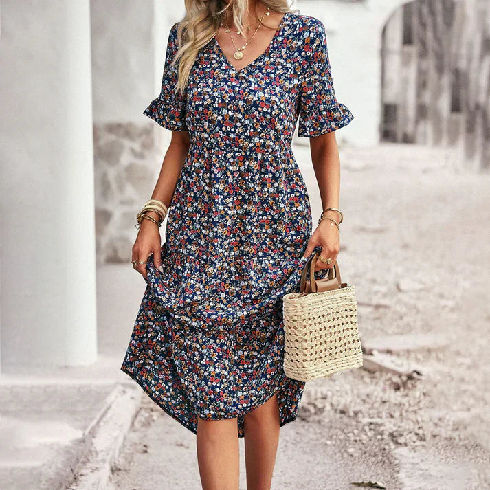 – verspieltes sommerkleid in apricot mit blumenprint