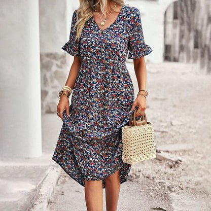 – verspieltes sommerkleid in apricot mit blumenprint