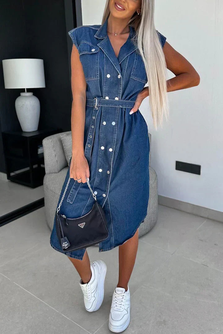 Zweireihiges, trägerloses Denim-Kleid mit Umschlagärmeln