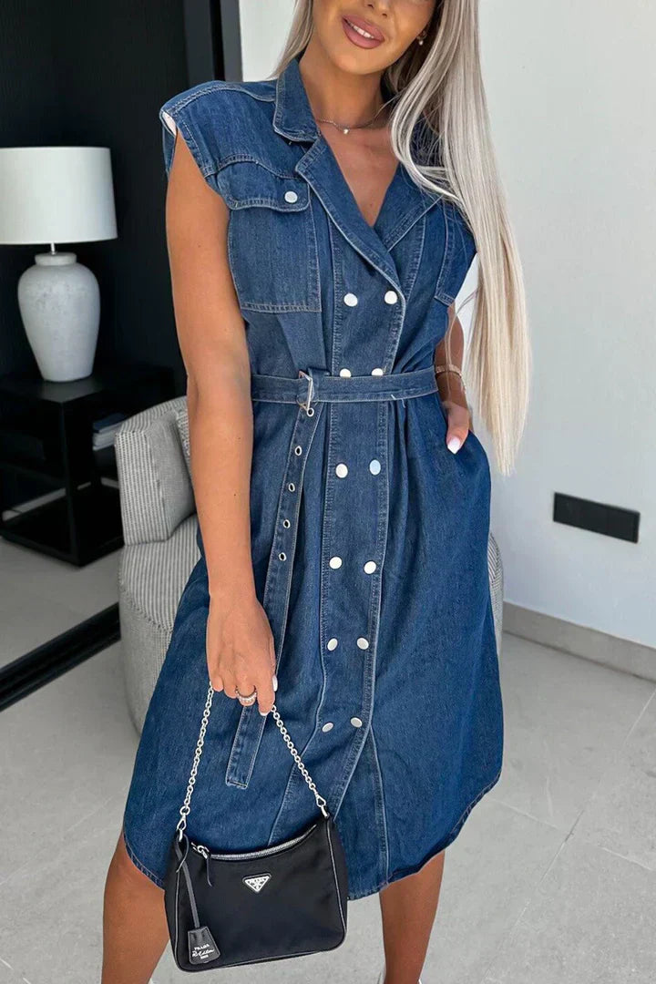 Zweireihiges, trägerloses Denim-Kleid mit Umschlagärmeln