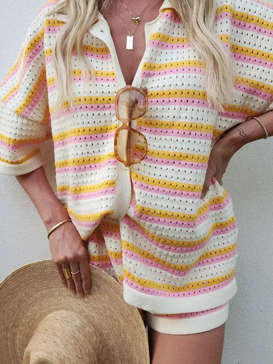Merche - 2-teiliges Outfit - Halbarmiges Oberteil, Shorts - Gestreift -Sommer