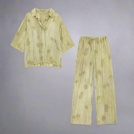 Merche – 2-teiliges Outfit – Blumen-Jacquard – Oberteile – Lange Hosen – Sommer