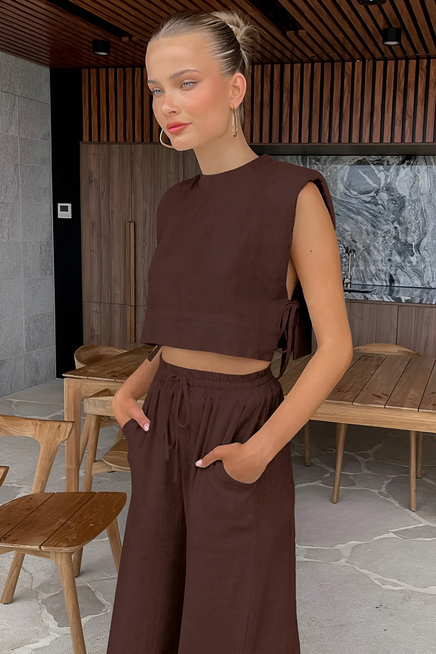 Merche | Elegantes Zweiteiliges Sommer-Leinen-Outfit für Damen (kurzes Oberteil + Hose)