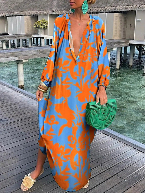 Langärmeliges Maxikleid mit tiefem V-Ausschnitt