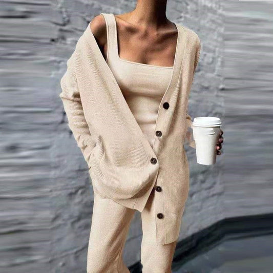 WW | Dreiteilige Strickjacke Hose Mit Langärmeligem Oberteil Und Weste