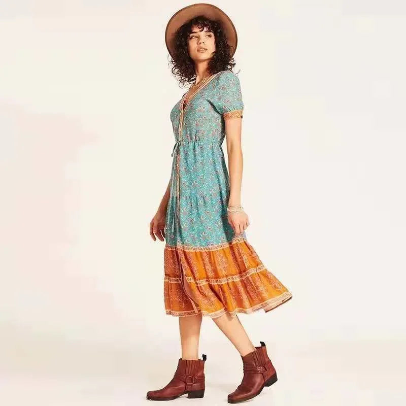 Boho-Druck Knopfleisten-Sommerkleid