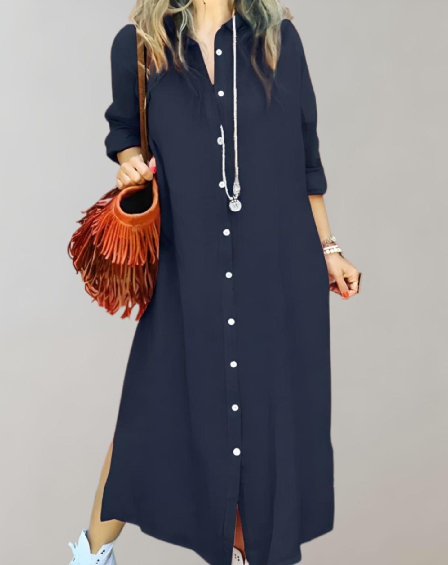 einfarbige Maxikleid mit Knöpfen für Damen | Melanie