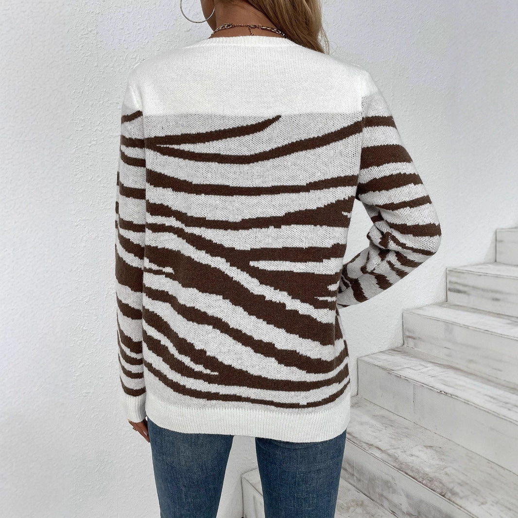 Damen gemütlicher Strickpullover mit modernem Zebrastreifen-Muster und komfortablem Schnitt Merchesia