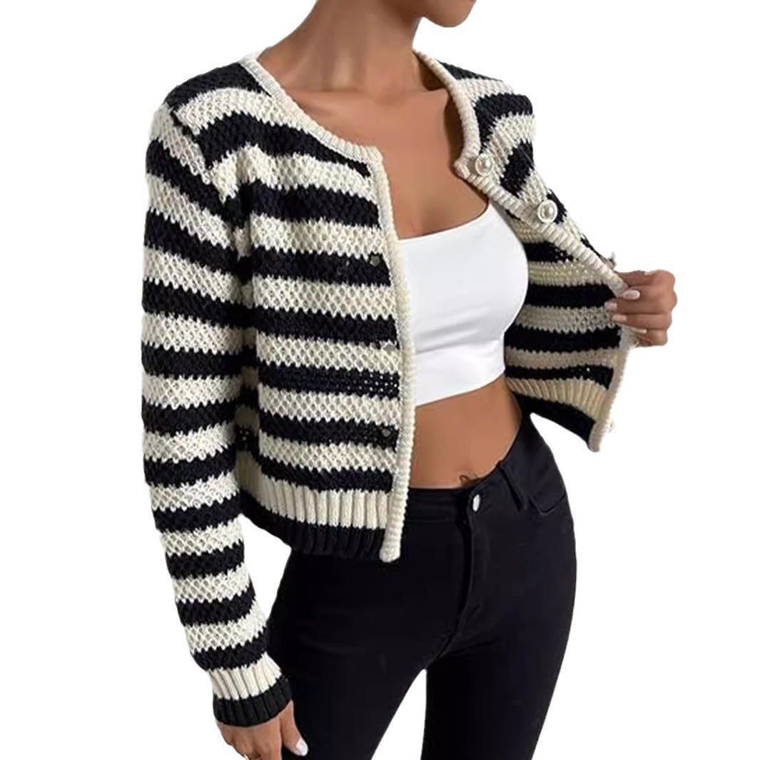 Damen gestreifte Strickjacke mit dekorativen Knöpfen Merchesia